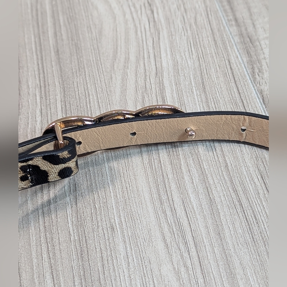 Women's Skinny Belt Metallic Leopard Print Chunky Gold Hardware VTG 90s - Picture 5 of 7